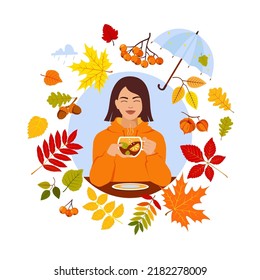 Autumn mood. Vector set with happy woman, leaves, cup of tea, umbrella, rowan berries.