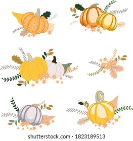 Autumn mood. Vector set of various pumpkins with leaves and flowers. Colored trendy illustration. Flat design. 