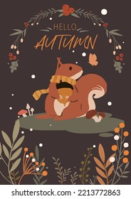 Autumn mood.Hand drawn various mushrooms,squirrel and leaves，Squirrel illustration