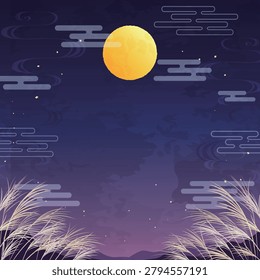 Autumn moon viewing background with full moon and pampas grass