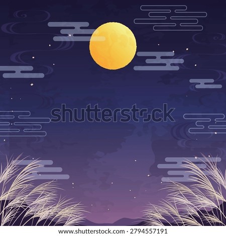 Autumn moon viewing background with full moon and pampas grass