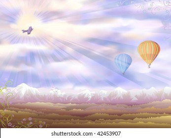 Autumn morning aerial view with an airplane and two hot air balloons (other landscapes are in my gallery)