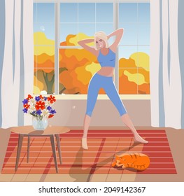 Autumn morning. Young woman does morning exercises in the room in front of the window. Bright flowers on the table. Active happy life of a modern woman. Vector illustration.