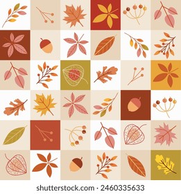 Autumn mosaic with chestnut leaves, berries, physalis, and other natural elements on a colorful checker montage in red, brown, beige, and yellow colors. Seamless flat vector pattern patchwork.