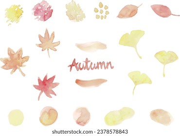 Autumn motifs and abstract shapes such as autumn leaves and ginkgo biloba painted in watercolor. Pale colors of red, orange, and yellow.