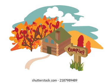 Autumn mountain hut illustration background