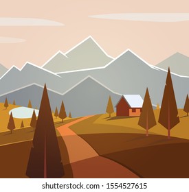 Autumn mountain landscape during sunset or dawn with road leading to a  small house, trees and lake in the background. Vector illustration for travel agency or camping poster. Warm color tones. 