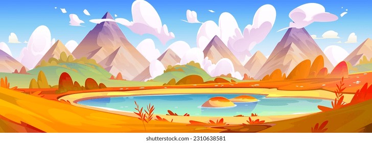 Paisaje montañoso otoñal con lago y hierba naranja. Dibujo vectorial de majestuosos picos rocosos, colinas y valle en otoño, estanque azul bajo un cielo soleado con nubes blancas. Diseño de la bandera de la naturaleza