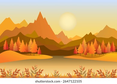 Autumn mountain landscape on a sunny day. Beautiful autumn landscape of forest and mountains. Vector illustration of autumn nature with beautiful trees, hills and mountains for background and design.