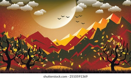 Autumn mountain landscape. Autumn trees, flying leaves, fields, hills against the background of mountains, sky with the sun, clouds, flying birds. Vector.