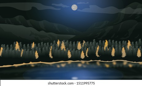 autumn mountain with moonlight and reflection on the lake illustration