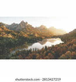 Autumn mountain scenery. Lake reflection view. Halftone pattern overlay. Seasonal nature landscape vector artwork.