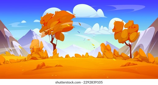 Autumn mountain valley landscape illustration cartoon vector illustration. Beautiful and wild fall nature scenery environment for expedition trip in Canada. Sunny weather with birds flying in sky