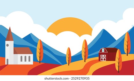 Otoño Mountain Village Paisaje de estilo plano. Naturaleza y concepto de vida rural Vector