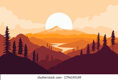 Autumn mountains landscape with tree silhouettes and river at sunset. Vector illustration