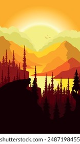 Autumn mountains poster with tree silhouettes and lake at sunset. Vector illustration design