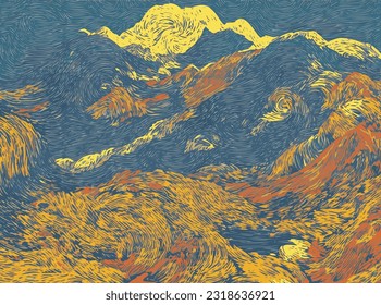 Herbst in der Berg-Vektorgrafik im Stil von Vincent van Gogh