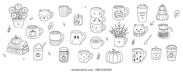 Autumn mug collection featuring a fox, cat, and pumpkin. Line vector illustration. Warm autumn elements for cafe menus, cafe branding, and seasonal products.