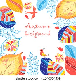 Autumn multicolored background with leaves and birds