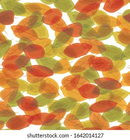 Autumn multicolored leaves of different shapes superimposed on each other through a vectorial seamless pattern on a white background