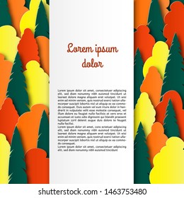 Autumn multi-colored trees. Paper cut landscape. Layered design of brochure, invitation, flyer with place for text. Vector illustration