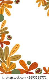 Fondo de Vertical multicolor de otoño con hojas de castaño dibujadas a mano, nueces en estilo de Vector plano y espacio de copia. Diseño universal para la tarjeta, cartel, cubierta, publicidad, invitación