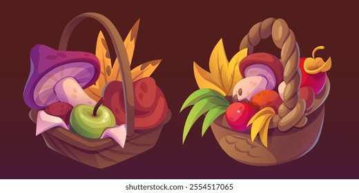 Autumn mushroom basket for Thanksgiving vector. Collect apple harvest for fall composition gift. Yellow and green leaves garden asset for game in village. Holiday organic agriculture and ingredient