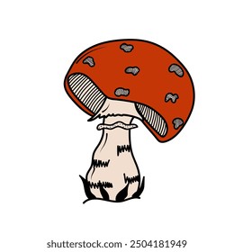 Autumn mushroom fly agaric in the doodle style. Halloween. Autumn mushroom for stickers, printing, logos, decoration, children's books. Flat vector illustration on a white background.