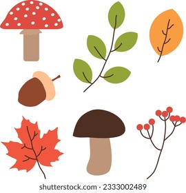 Autumn mushroom icon set. mushroom vector icons for web isolated on white background. Vector colorful autumn natural seamless pattern with fall leaves, fruits, pumpkins and mushrooms. Fall.