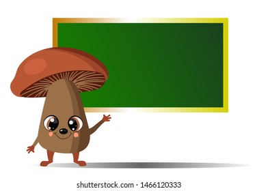 Autumn mushroom on the background of the school chalk board. horizontal learning poster with space for text