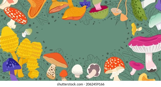 Autumn mushroom on green background banner. Fall season leaves and colorful mushrooms for Hello Autumn and sale poster, flyer, social media design