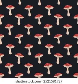 Padrão de Cogumelo de outono. Impressão perfeita com Red Fly Agarics. Cogumelos Venenosos. Fundo de outono bonito. Modelo. Ilustração vetorial no plano de fundo preto