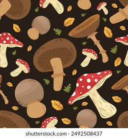 Autumn mushroom seamless pattern on black isolated background. Red and brown forest mushrooms in wild harvest concept. For autumn decor, postcards and prints.