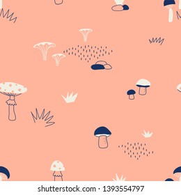 Autumn Mushroom seamless vector pattern. Fall woody harvest repeatable background. Woodland childish print in Scandinavian decorative style. Cute nature small-scaled print for children fashion fabric.