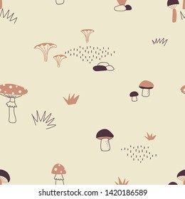 Autumn Mushroom seamless vector pattern. Fall woody harvest repeatable background. Woodland childish print in Scandinavian decorative style. Cute nature small-scaled print for children fashion fabric.