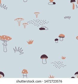 Autumn Mushroom seamless vector pattern. Fall woody harvest repeatable background. Woodland childish print in Scandinavian decorative style. Cute nature small-scaled print for children fashion fabric.
