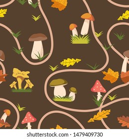 Autumn mushroom seamless vector pattern with track, grass and leaves. Autumn background texture for paper, shops, invitation.Mushroom map vector illustration.