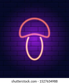 Autumn mushroom simple sign. Neon icon on the dark violet brick wall. Seamless pattern. Vector