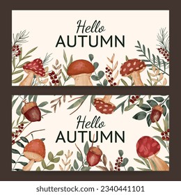 Autumn mushroom watercolor banner for fall season celebration