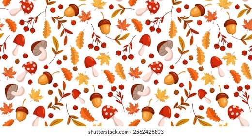 Autumn mushrooms, acorns, forest leaves and berries horizontal seamless pattern. Seasonal greeting banner design. Illustration