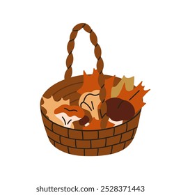 Autumn mushrooms in basket. Forest fungi gathered picked into wicker. Seasonal fall harvest, leaves, foliage. Edible fresh fungus. Flat graphic vector illustration isolated on white background