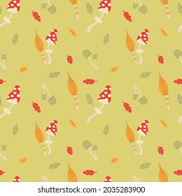 Autumn mushrooms with colorful leaves. Seamless illustration with amanita and toadstools. Fabric, background or wallpaper.