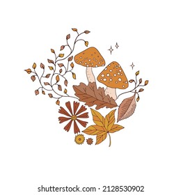 Autumn mushrooms fly agaric fallen leaves ivy plant floral vector illustration isolated on white. Boho Halloween magical night forest natural print.