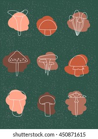 ?ollection of autumn mushrooms on a green textured background. Linear outlines different types of mushrooms. Magnificent mushroom icons with colored spots. Autumn color palette. Vector illustration