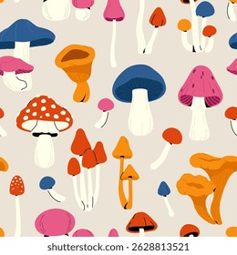 Autumn mushrooms pattern. Fall forest cartoon mushroom seamless print, decorative background with colorful toadstool and edible mushroom for wallpaper design. Vector texture.