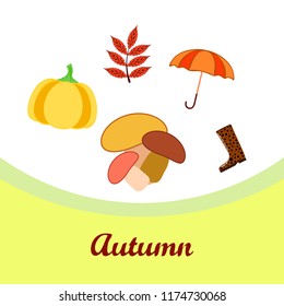 autumn mushrooms pumpkin fallen leaves umbrella rubber boots autumnal vector background