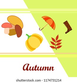 autumn mushrooms pumpkin fallen leaves umbrella rubber boots autumnal vector background