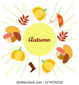 autumn mushrooms pumpkin fallen leaves umbrella rubber boots autumnal vector background