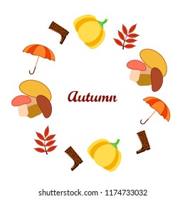 autumn mushrooms pumpkin fallen leaves umbrella rubber boots autumnal vector background