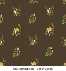 Autumn mushrooms seamless pattern. Vector illustration with fern leaves, agaric, berries. Cottagecore aesthetics. Template for textile, wallpaper, paper, print. Brown background. 